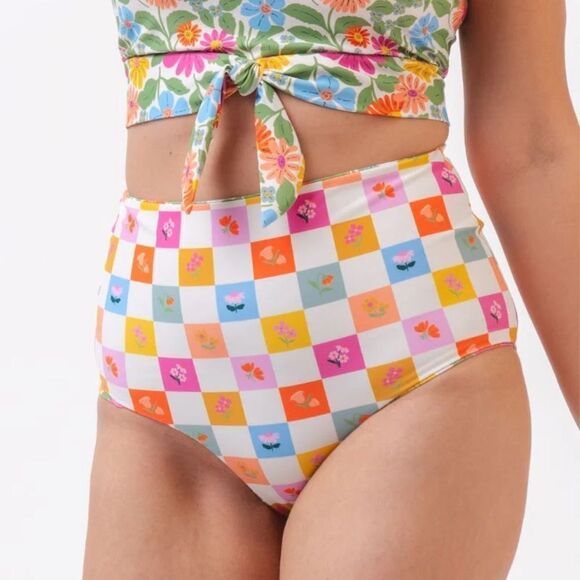 NWT Lime Ricki BREEZY FLORAL/ FLOWER CHECK REVERSIBLE ULTRA HIGH-WAIST - Picture 1 of 7